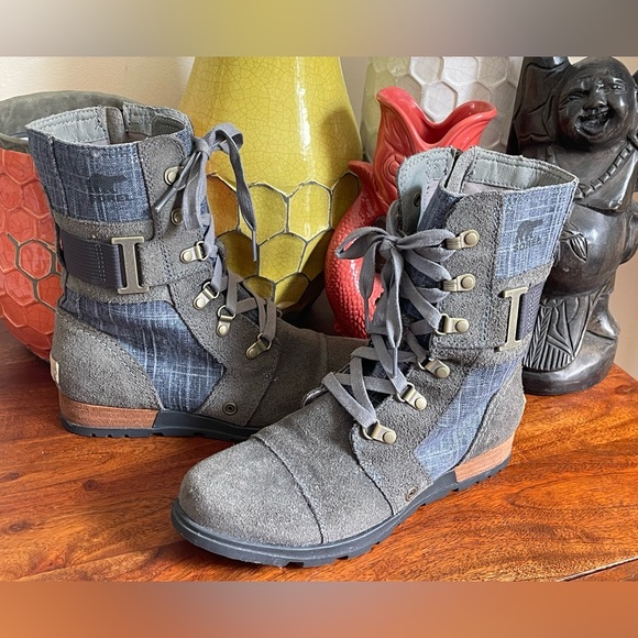 Sorel Major Carly Flat Combat Boots in Graphite and Blue - Picture 6 of 8